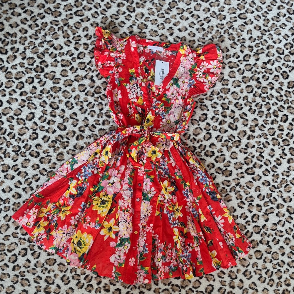 Red Floral Fit-and-Flare Dress with Belt